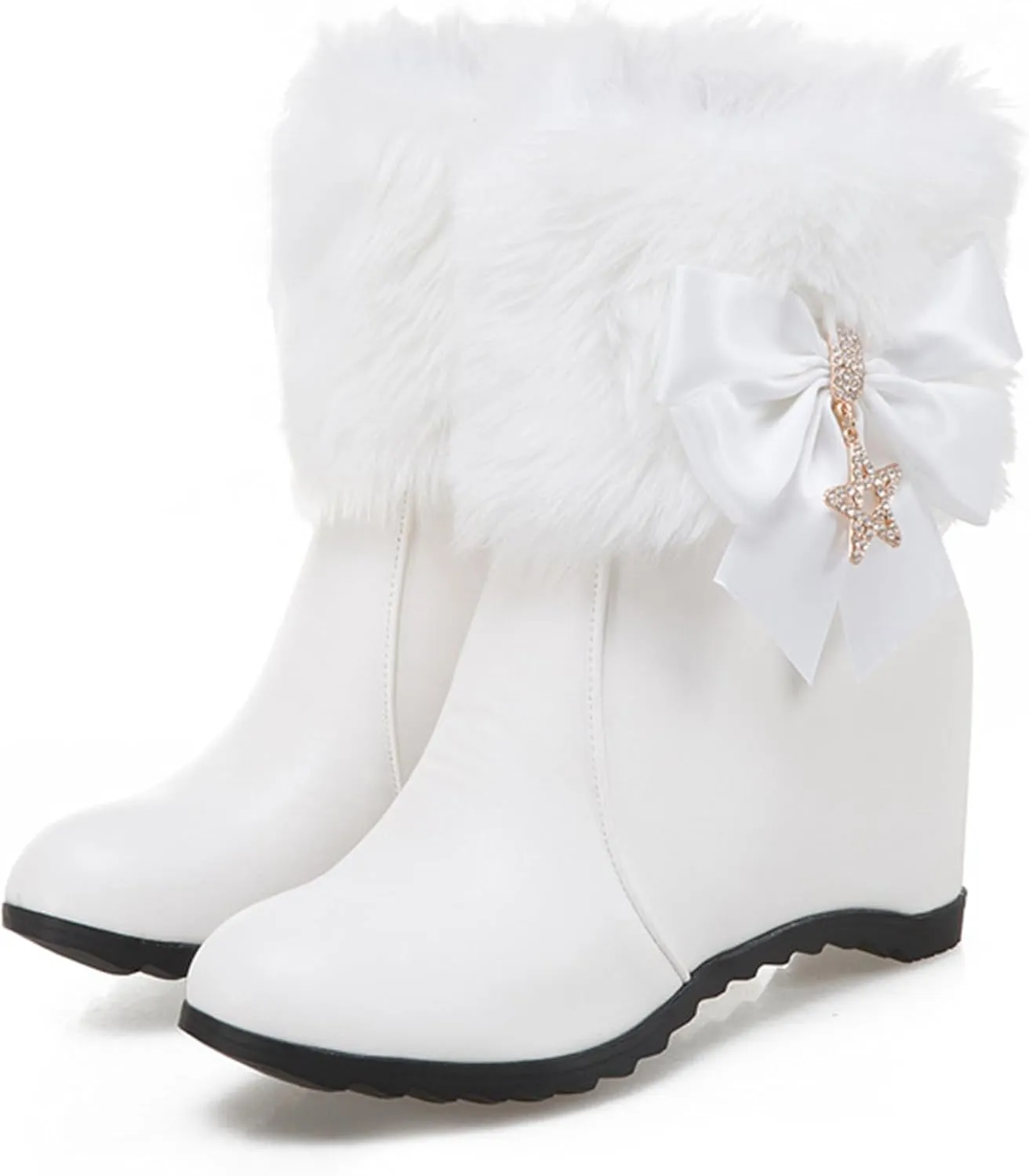 Women Winter Warm Hidden Wedge Snow Booties Leather Cute Bowknot Rhinestones Fluffy Fur Lined Thickening Side Zipper Ankle Boots