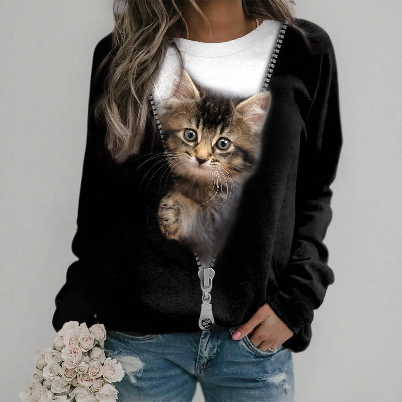 Women's Active Sweatshirts Cute Cat Pullover Crewneck Lightweight shirts Novelty Casual Tunics Tops Fashion Spring