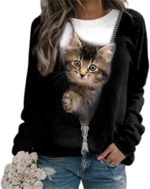 Women's Active Sweatshirts Cute Cat Pullover Crewneck Lightweight shirts Novelty Casual Tunics Tops Fashion Spring