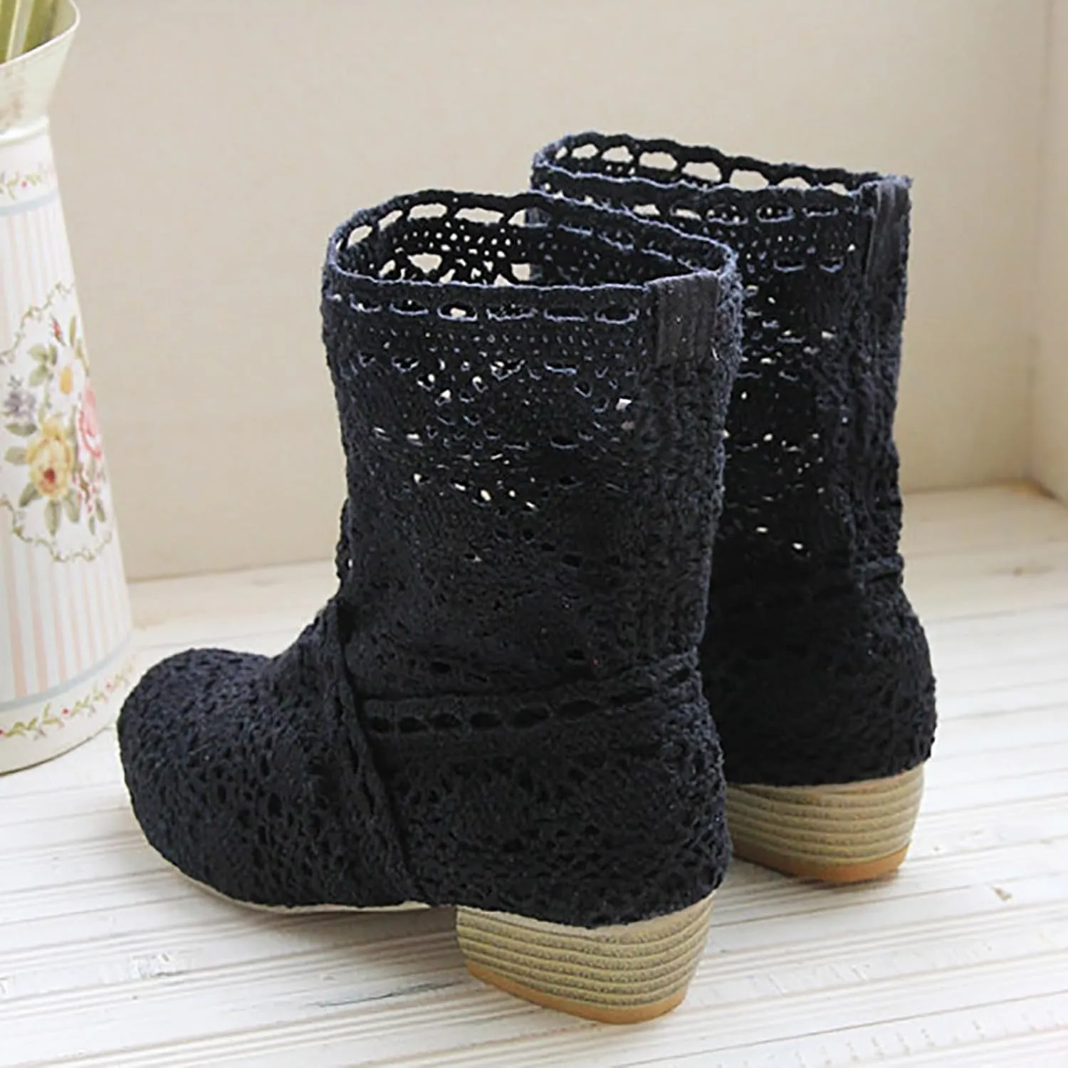 Women's Ankle Boots Knit Mesh Flat Heel Round Toe Lightweight Comfort Booties Slip on Ladies Outdoor Non-Slip Boots Retro Classic Boot
