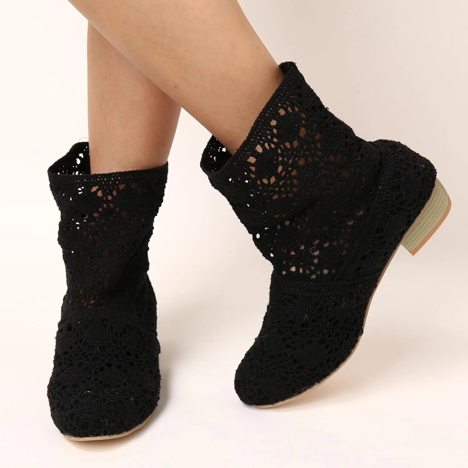 Women's Ankle Boots Knit Mesh Flat Heel Round Toe Lightweight Comfort Booties Slip on Ladies Outdoor Non-Slip Boots Retro Classic Boot