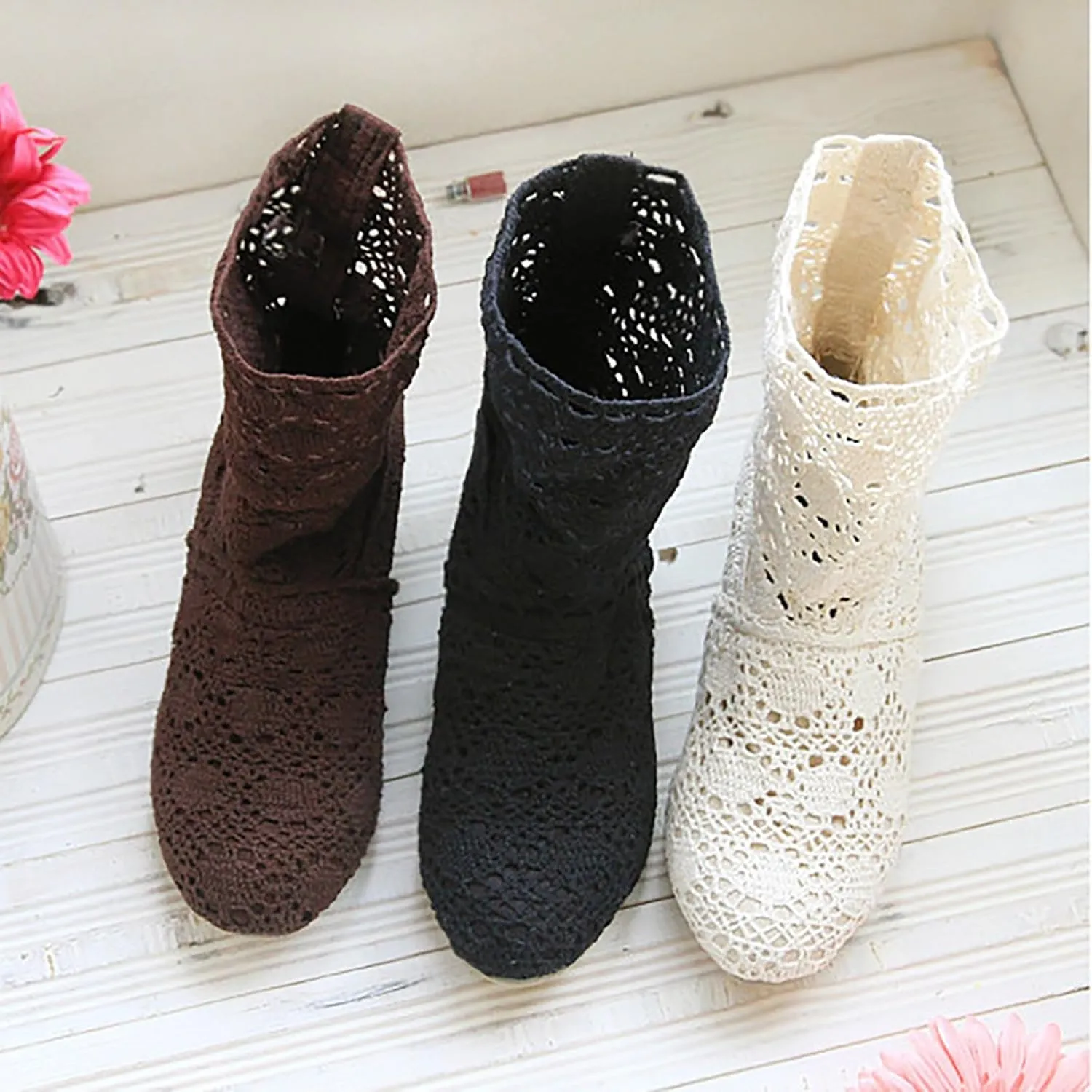 Women's Ankle Boots Knit Mesh Flat Heel Round Toe Lightweight Comfort Booties Slip on Ladies Outdoor Non-Slip Boots Retro Classic Boot