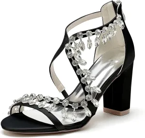 Women's Block Chunky Heel Sandals Ankle Strap Crystal Bridal Wedding Dress Shoes Open Toe Back Zipper Evening Prom Pump