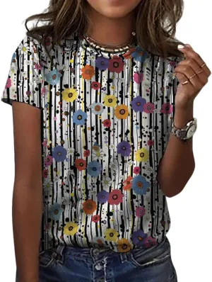 Womens Boho Floral Print Shirts Crew Neck Short Sleeve Vintage Summer Shirt Casual Work Tops for Women Vacation Shirt