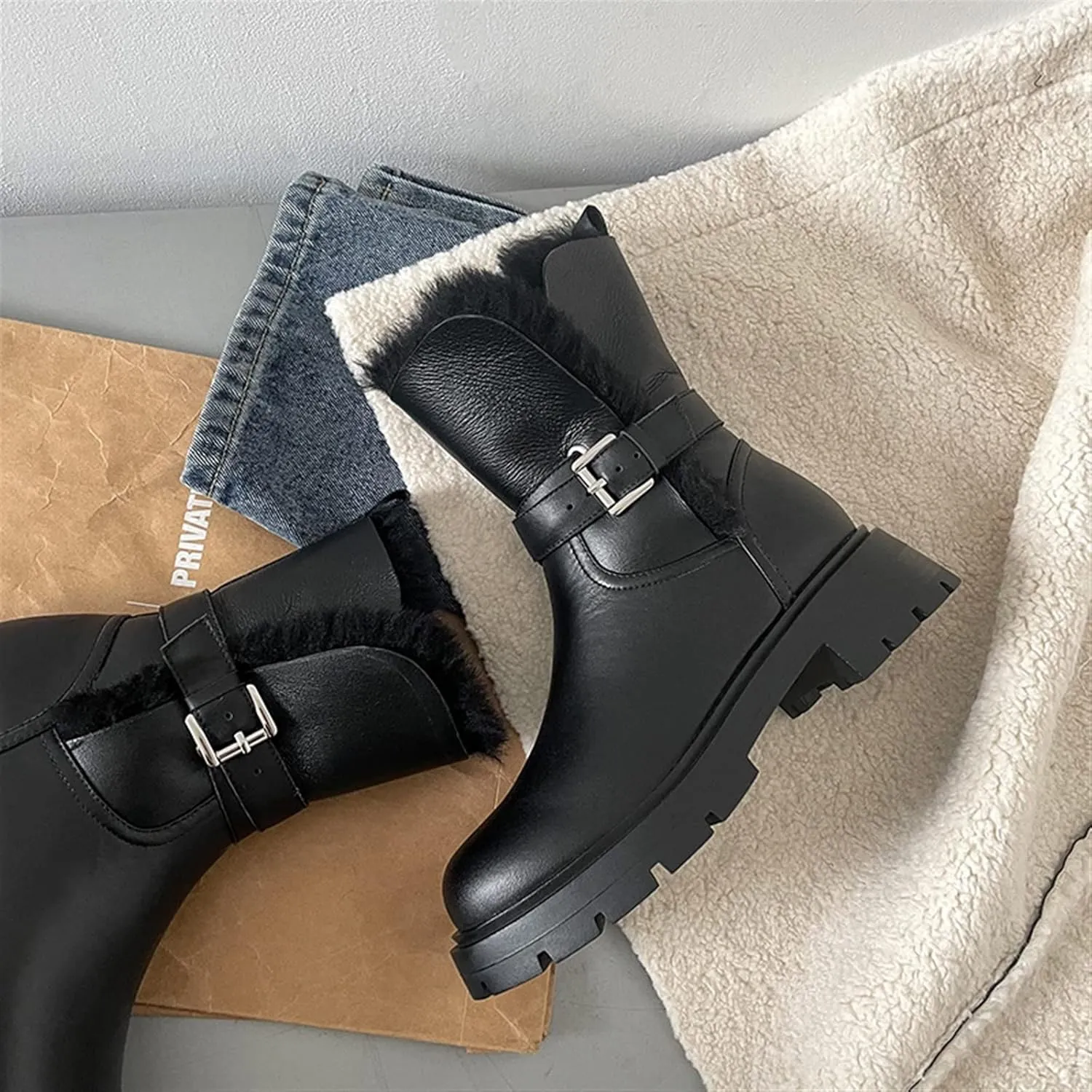 Womens Boots Winter shoes warm plush inner snow boots buckle snow boots cowhide women's middle heel outdoor.