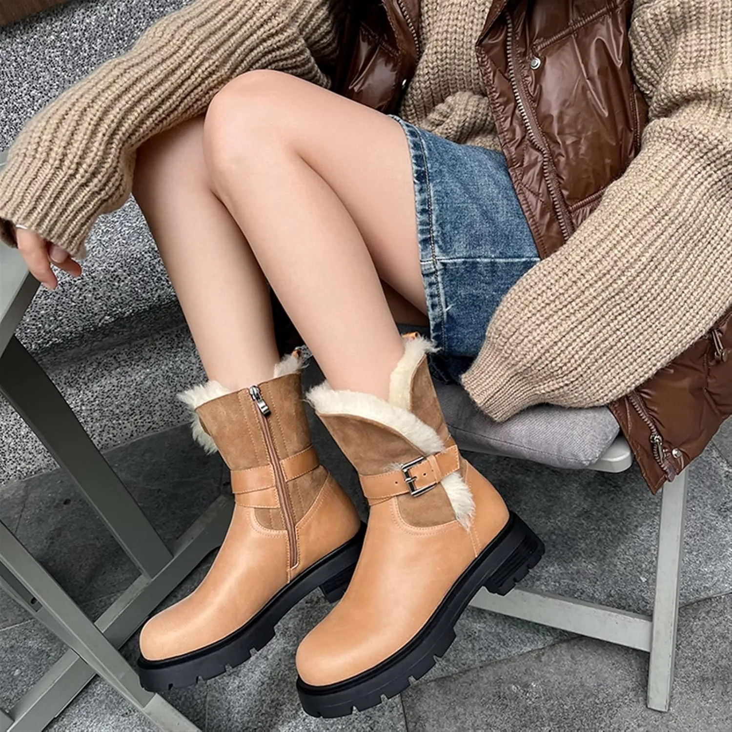 Womens Boots Winter shoes warm plush inner snow boots buckle snow boots cowhide women's middle heel outdoor.