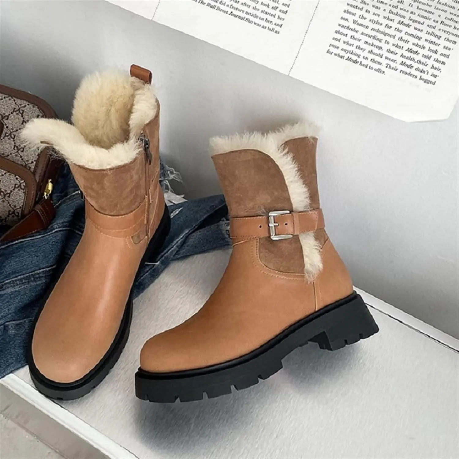 Womens Boots Winter shoes warm plush inner snow boots buckle snow boots cowhide women's middle heel outdoor.