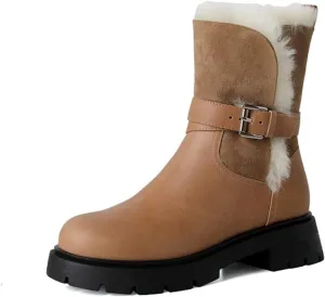 Womens Boots Winter shoes warm plush inner snow boots buckle snow boots cowhide women's middle heel outdoor.