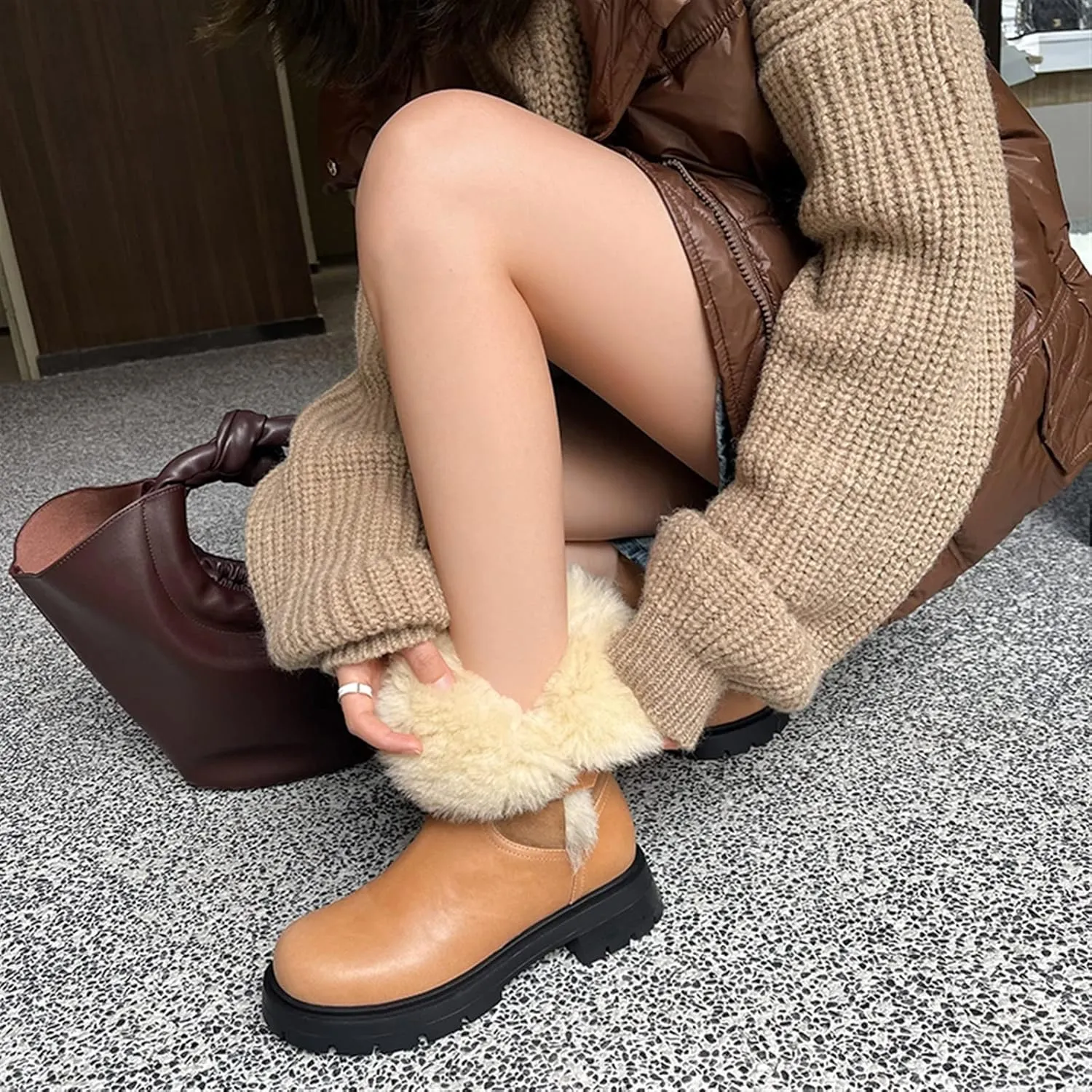 Womens Boots Winter shoes warm plush inner snow boots buckle snow boots cowhide women's middle heel outdoor.