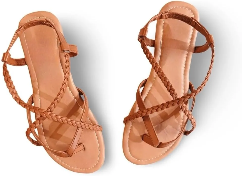 Women's Braided Strap Flat Sandals – Comfortable Open-Toe Slip-On Gladiator Sandals with Back Strap, Casual Summer Footwear