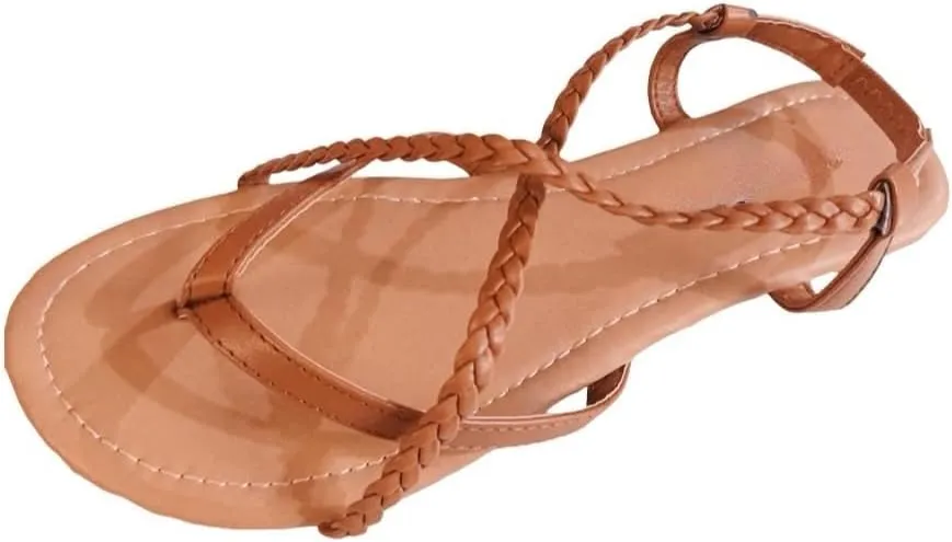 Women's Braided Strap Flat Sandals – Comfortable Open-Toe Slip-On Gladiator Sandals with Back Strap, Casual Summer Footwear