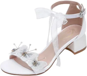 Women's Bridal Block Heel Sandals, White Floral Embellished, Ankle Strap with Bow, 3-inch Heel