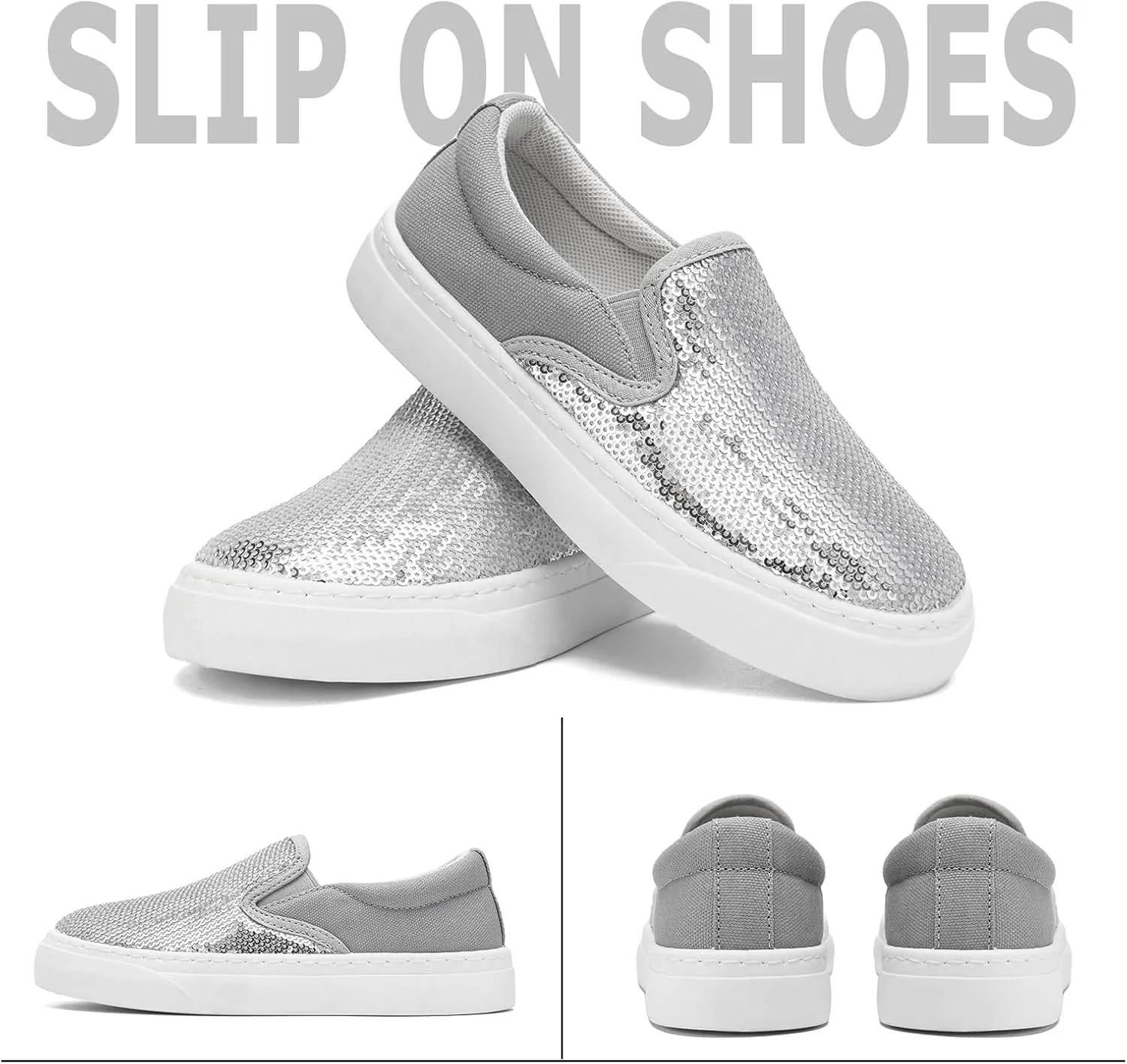 Women's Canvas Slip On Shoes Glitter Sequin Sneakers Sparkly Flat Loafers Casual Comfortable Tennis Shoes for Women