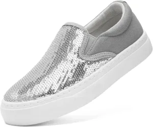 Women's Canvas Slip On Shoes Glitter Sequin Sneakers Sparkly Flat Loafers Casual Comfortable Tennis Shoes for Women