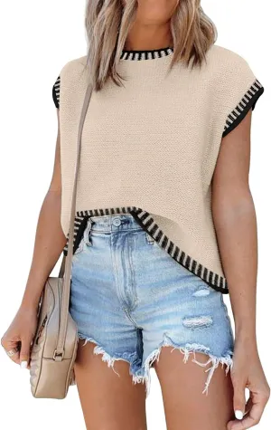 Womens Cap Sleeve Sweater Vest Summer Tops Sleeveless Tank 2025 Trendy Spring Clothes Striped Short Sleeve Shirts