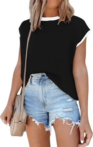 Womens Cap Sleeve Sweater Vest Summer Tops Sleeveless Tank 2025 Trendy Spring Clothes Striped Short Sleeve Shirts