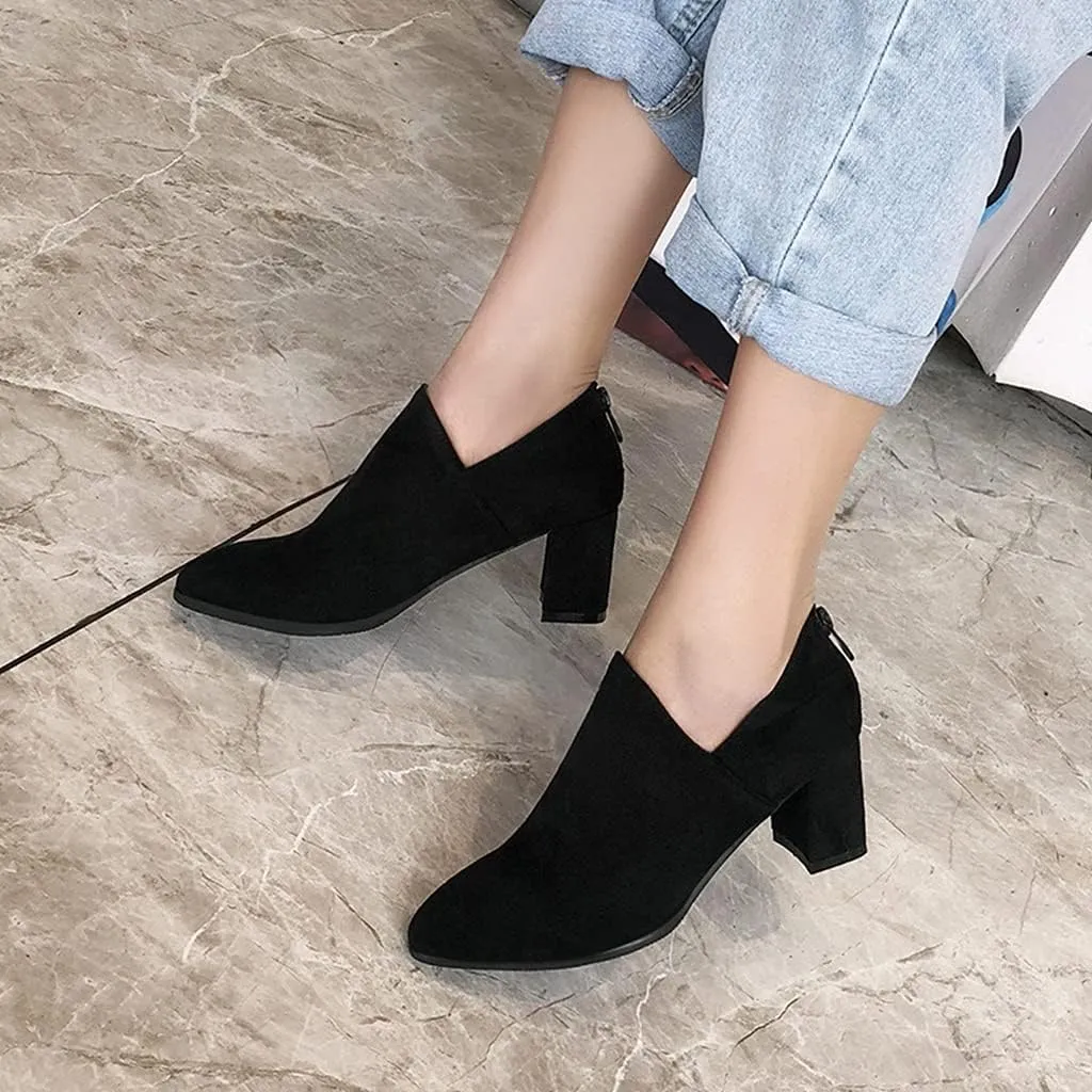Women's Chunky Block High Heel Pump Oxfords Suede Round Toe Slip On Vintage Brogue Office Dress Shoes
