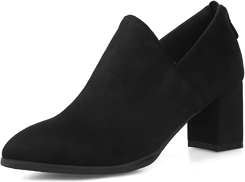 Women's Chunky Block High Heel Pump Oxfords Suede Round Toe Slip On Vintage Brogue Office Dress Shoes