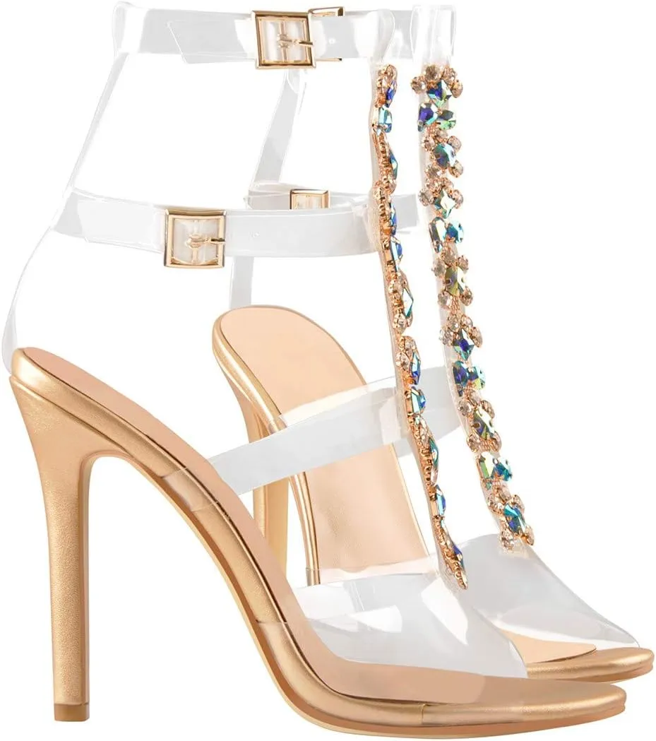 Women's Clear Strappy Gladiator Heels Rhinestones Stiletto Heels Ankle Strap Sandals