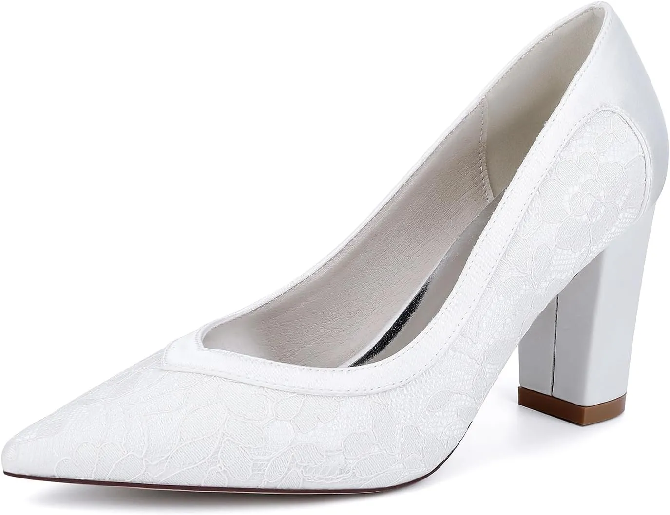 Women's Closed Toe Lace Chunky Block Heels for Women Wedding Shoes for The Bride Slip On Dressy Bridal Pumps