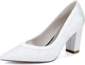 Women's Closed Toe Lace Chunky Block Heels for Women Wedding Shoes for The Bride Slip On Dressy Bridal Pumps