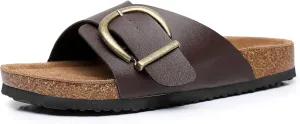 Women's Cork Footbed Sandals Cow Suede Slide Sandals for Women with Adjustable Strap Buckle Open Toe Beach Sandals