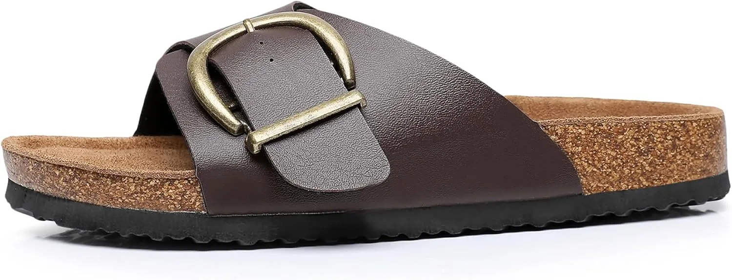Women's Cork Footbed Sandals Cow Suede Slide Sandals for Women with Adjustable Strap Buckle Open Toe Beach Sandals