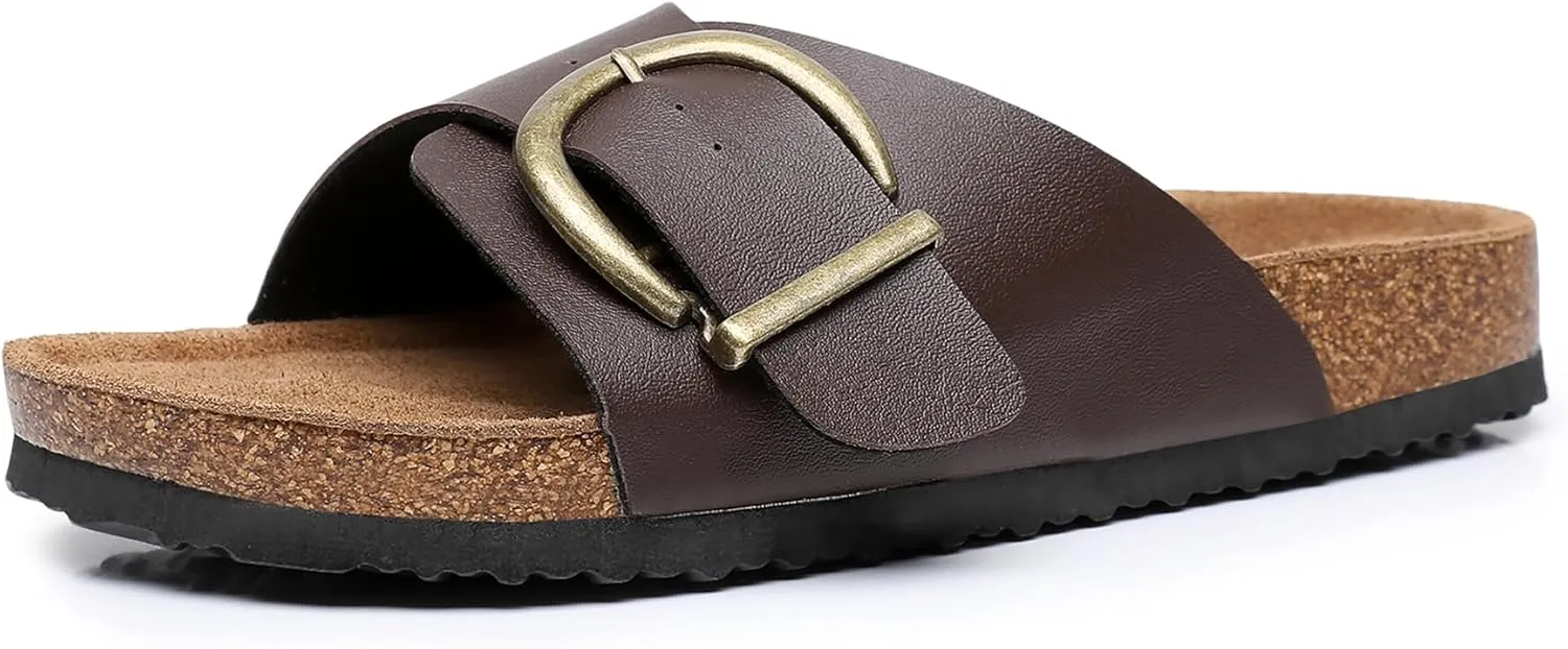 Women's Cork Footbed Sandals Cow Suede Slide Sandals for Women with Adjustable Strap Buckle Open Toe Beach Sandals