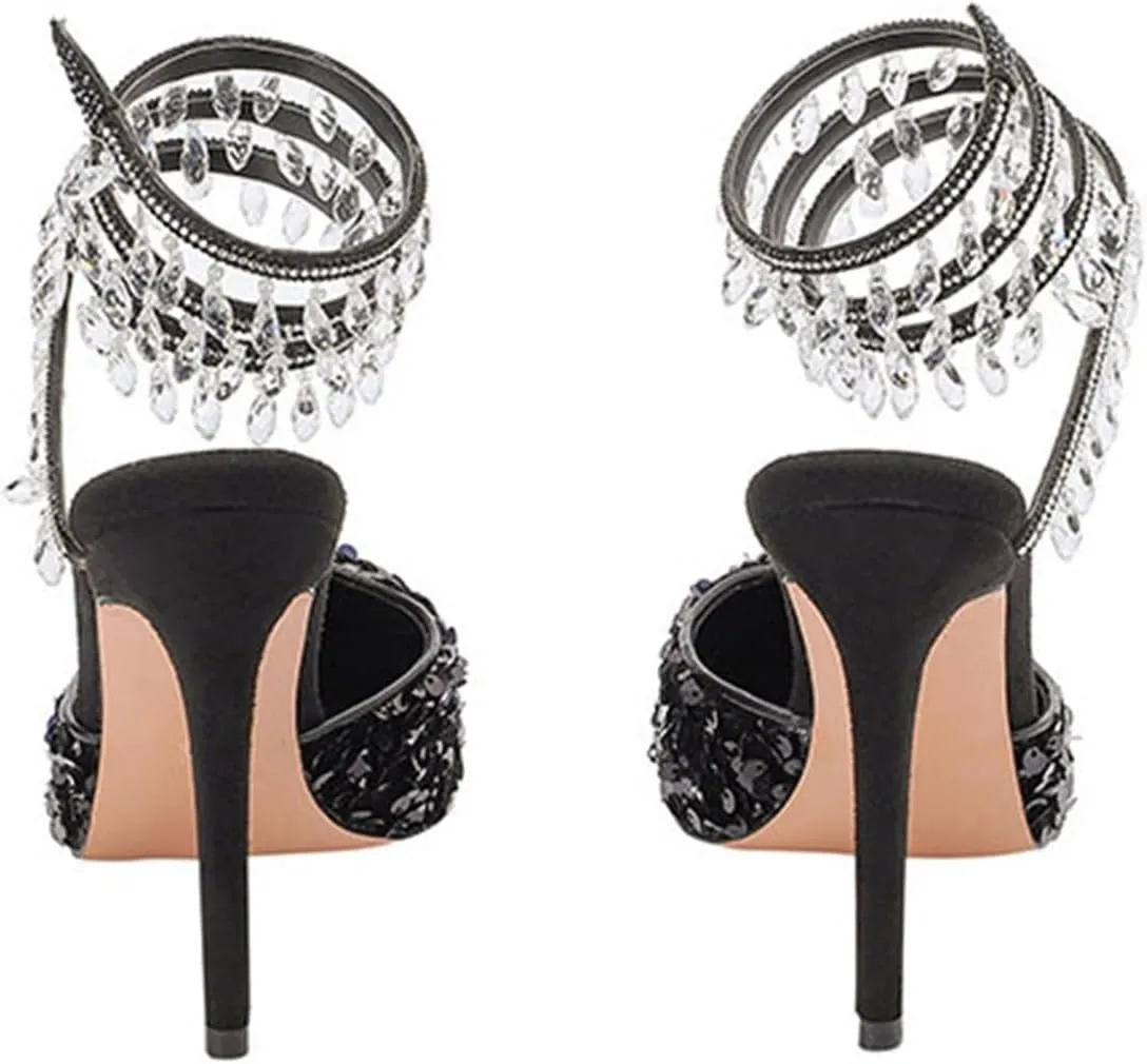 Women's Crystal Spiral Strap High Heels Pointed Toe Ankle Strap Pumps Sexy Stiletto Wedding Dress Shoes