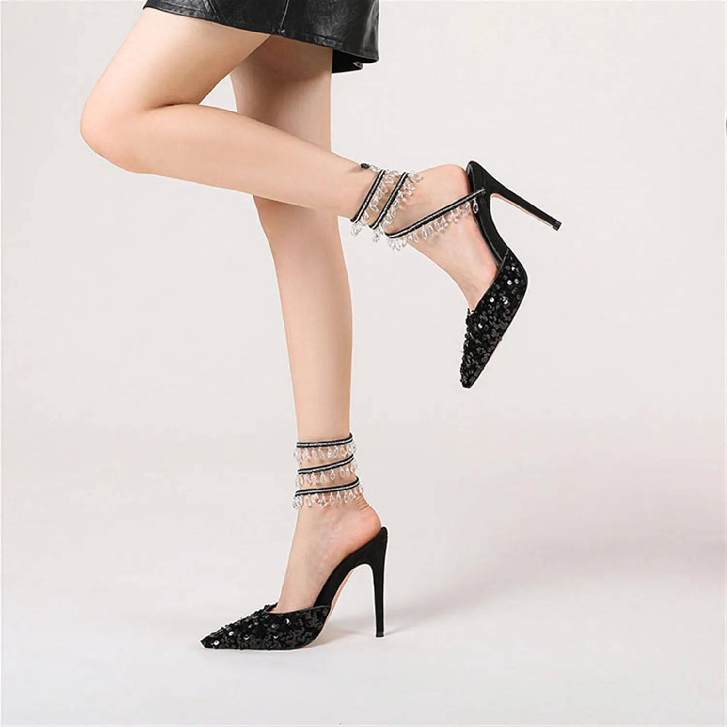 Women's Crystal Spiral Strap High Heels Pointed Toe Ankle Strap Pumps Sexy Stiletto Wedding Dress Shoes