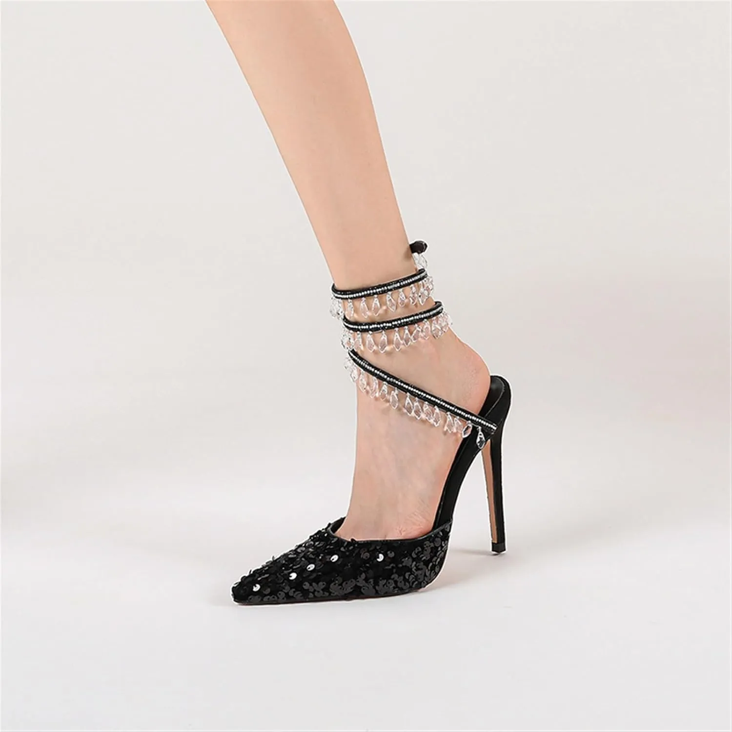 Women's Crystal Spiral Strap High Heels Pointed Toe Ankle Strap Pumps Sexy Stiletto Wedding Dress Shoes