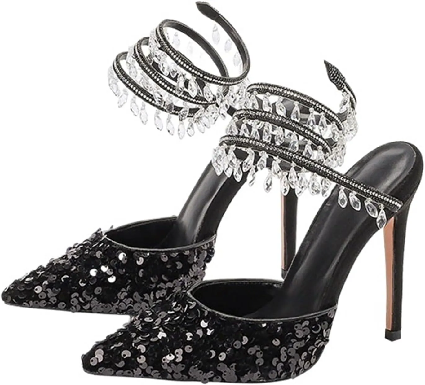 Women's Crystal Spiral Strap High Heels Pointed Toe Ankle Strap Pumps Sexy Stiletto Wedding Dress Shoes