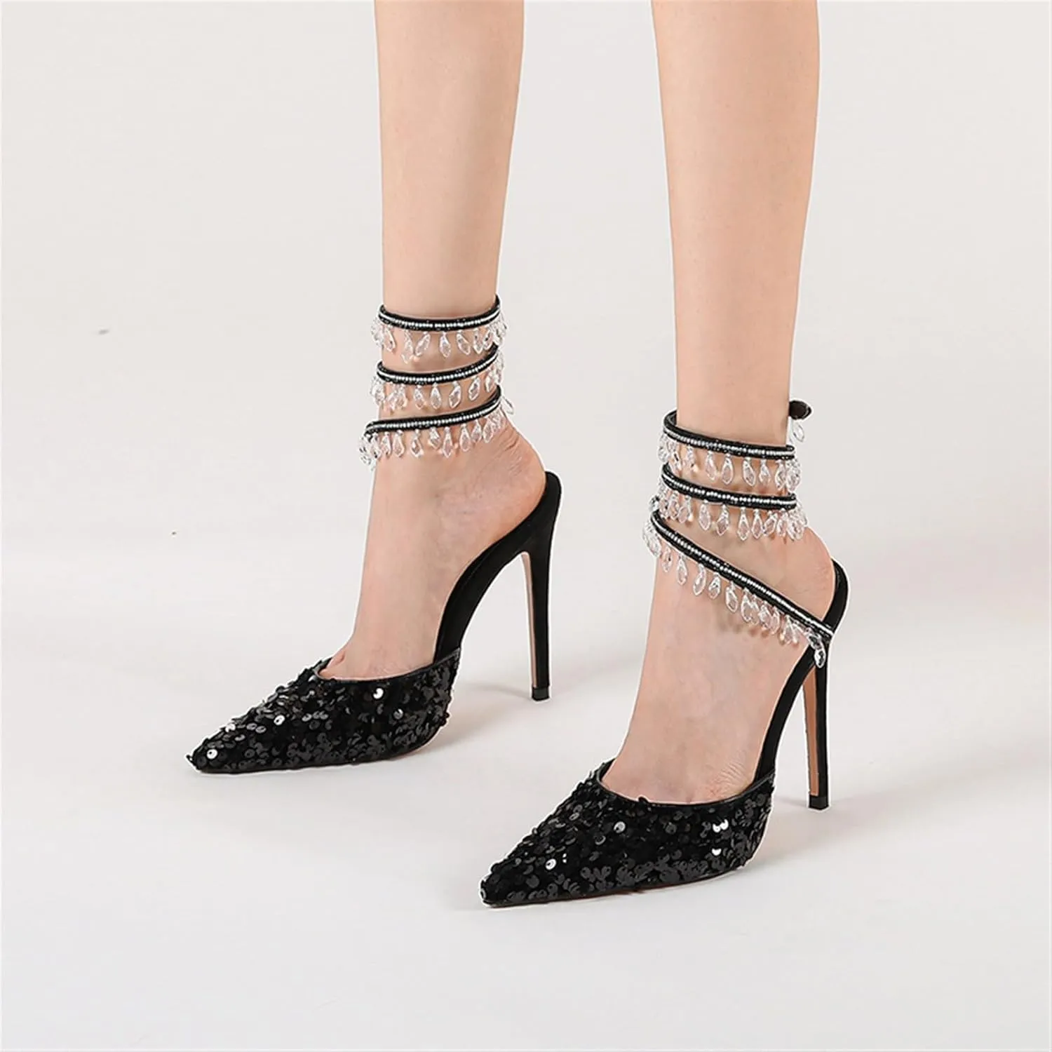 Women's Crystal Spiral Strap High Heels Pointed Toe Ankle Strap Pumps Sexy Stiletto Wedding Dress Shoes