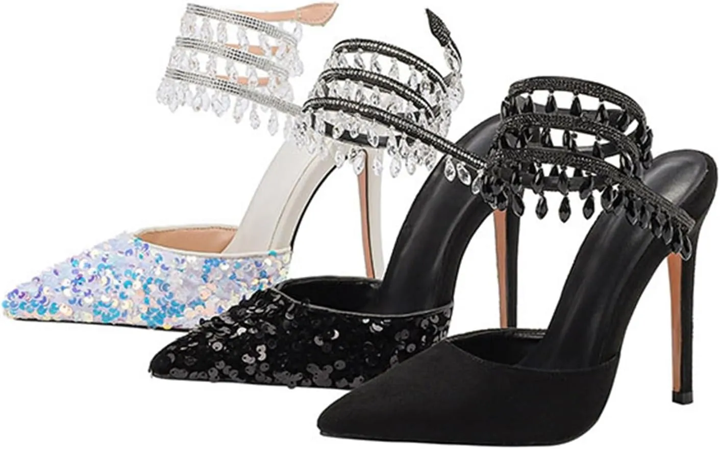 Women's Crystal Spiral Strap High Heels Pointed Toe Ankle Strap Pumps Sexy Stiletto Wedding Dress Shoes
