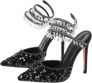 Women's Crystal Spiral Strap High Heels Pointed Toe Ankle Strap Pumps Sexy Stiletto Wedding Dress Shoes