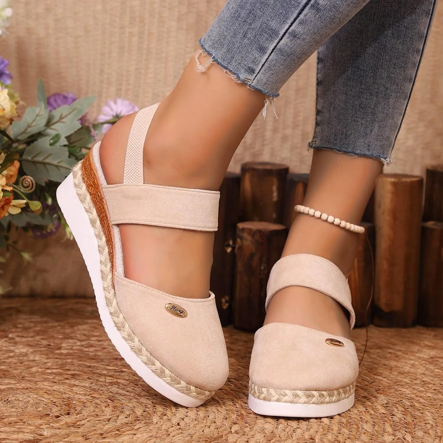 Womens Espadrilles Wedge Sandals Comfortable Closed Toe Slip On Sandals with Arch Support Elastic Strappy Ankle Strap for All Occasions: Casual, Work, Party