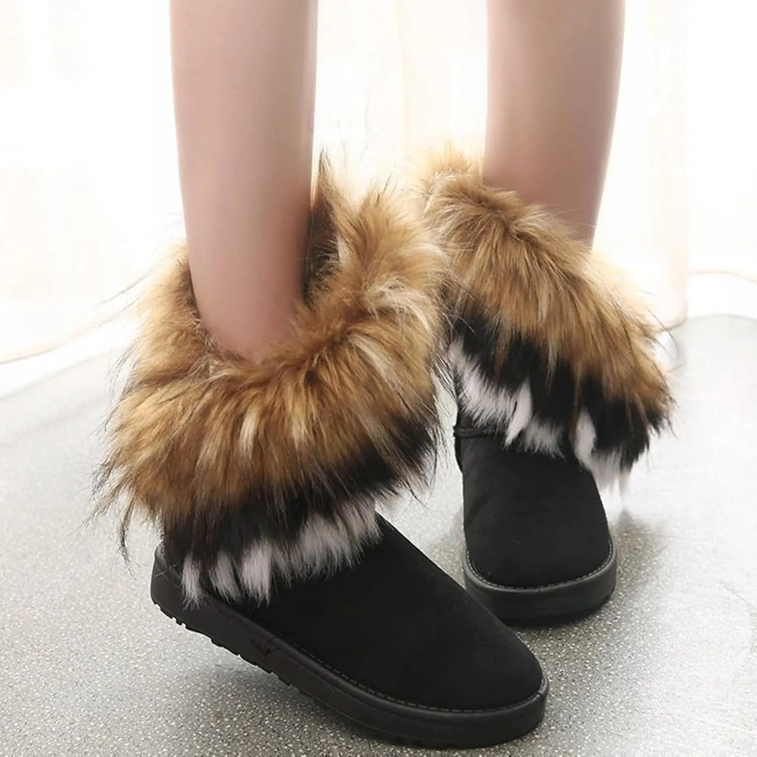 Women's Faux Fur Winter Snow Boot Suede Furry Fluffy Short Ankle Boots Warm Comfortable Outdoor Flat Mid-Calf Boots