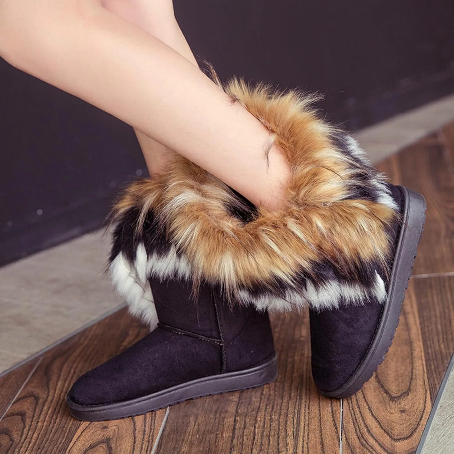 Women's Faux Fur Winter Snow Boot Suede Furry Fluffy Short Ankle Boots Warm Comfortable Outdoor Flat Mid-Calf Boots