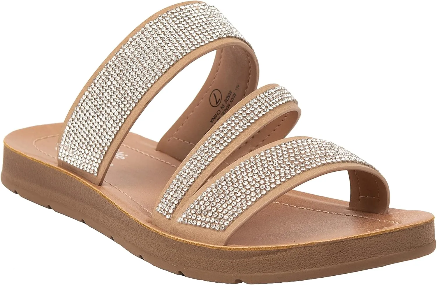 Womens Flat Sandals Casual Strap Sandals Open Toe Slide Sandals With Bling Rhinestone FIONA