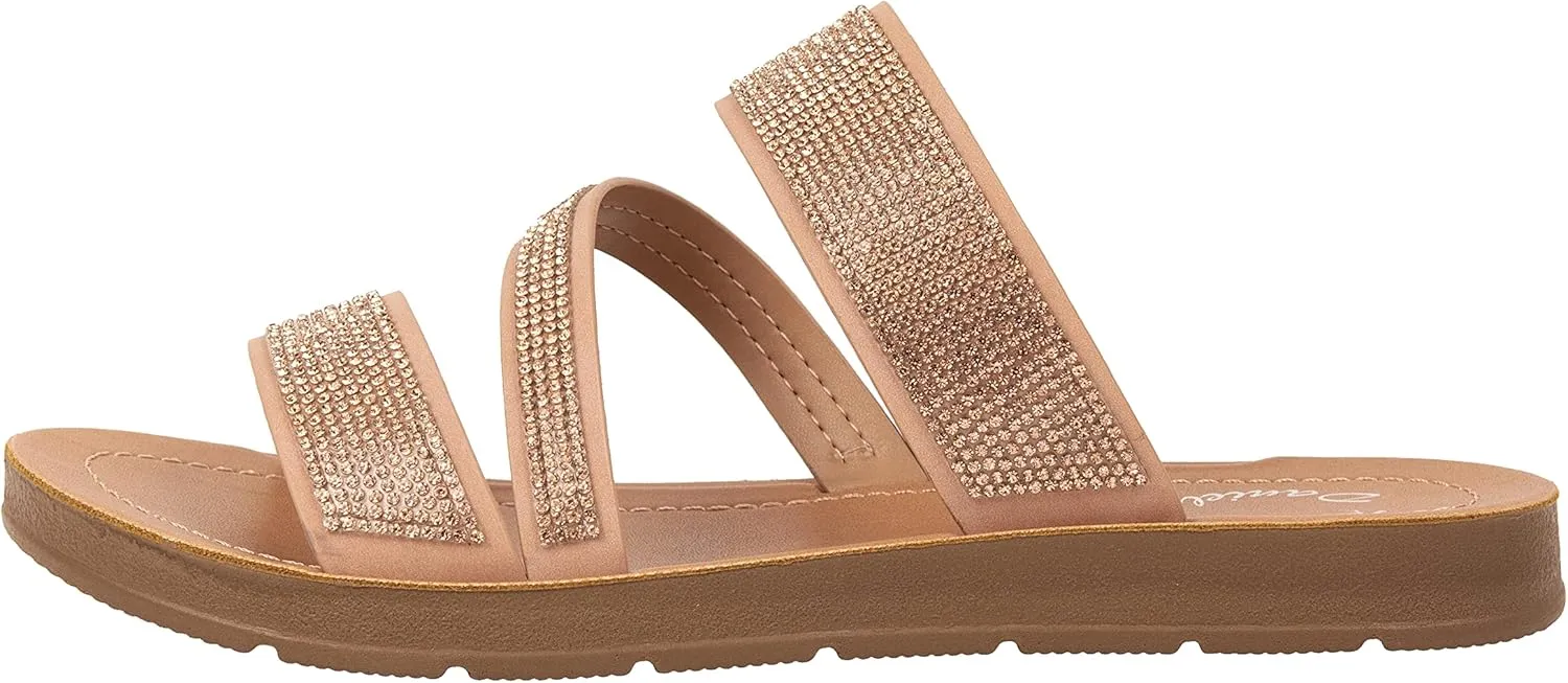 Womens Flat Sandals Casual Strap Sandals Open Toe Slide Sandals With Bling Rhinestone FIONA