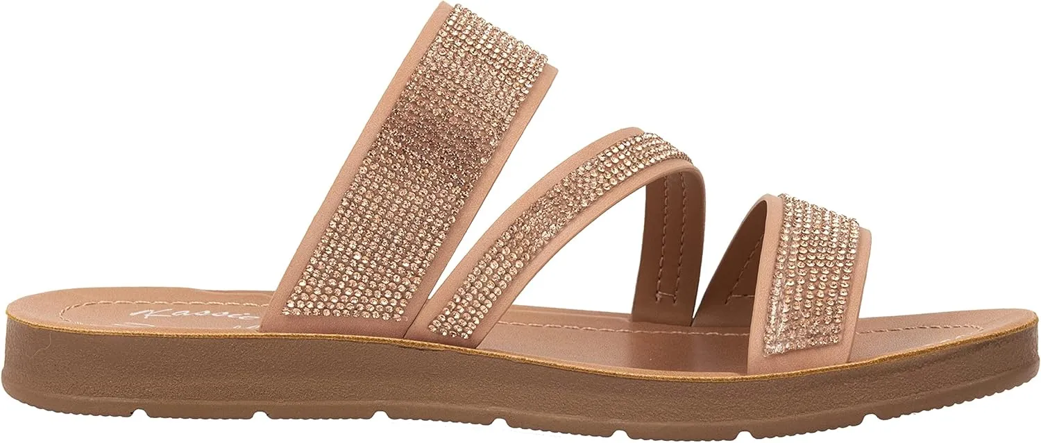 Womens Flat Sandals Casual Strap Sandals Open Toe Slide Sandals With Bling Rhinestone FIONA