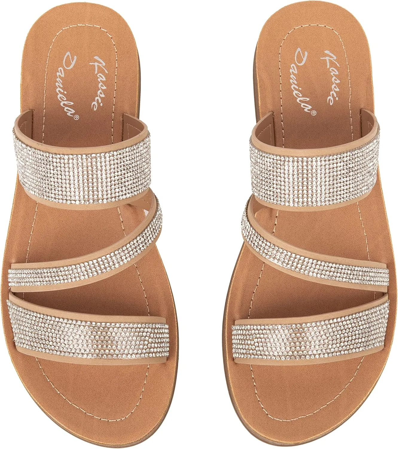 Womens Flat Sandals Casual Strap Sandals Open Toe Slide Sandals With Bling Rhinestone FIONA