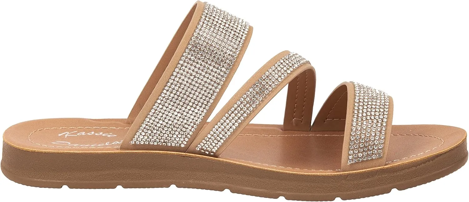 Womens Flat Sandals Casual Strap Sandals Open Toe Slide Sandals With Bling Rhinestone FIONA