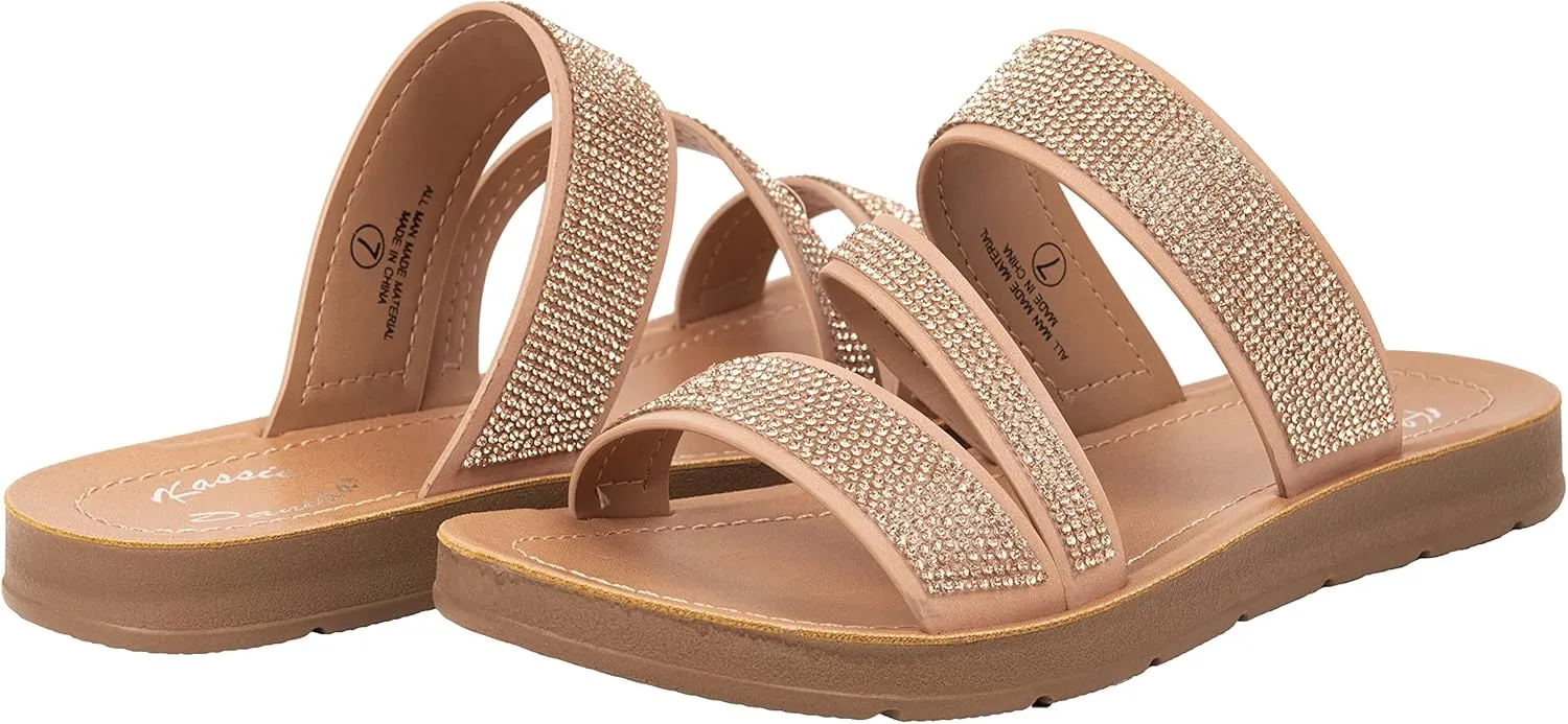 Womens Flat Sandals Casual Strap Sandals Open Toe Slide Sandals With Bling Rhinestone FIONA