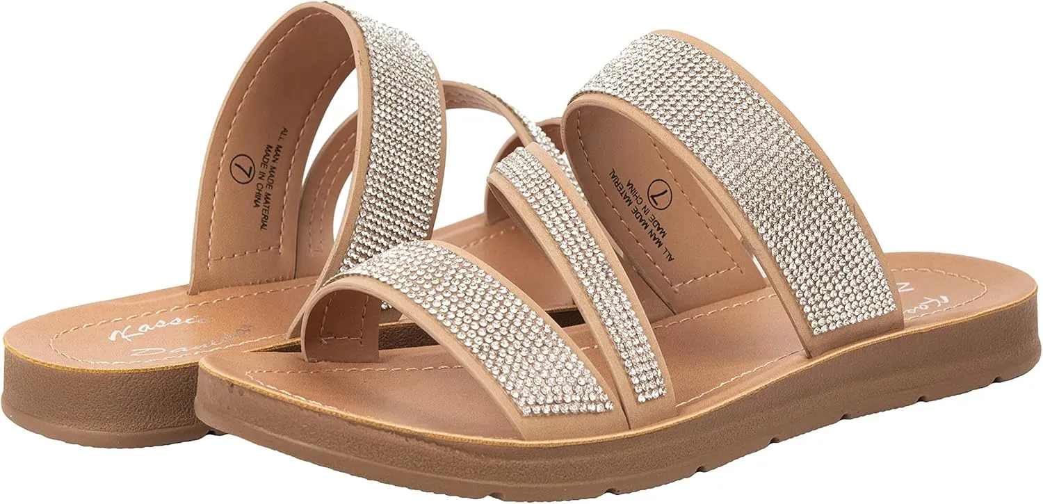 Womens Flat Sandals Casual Strap Sandals Open Toe Slide Sandals With Bling Rhinestone FIONA