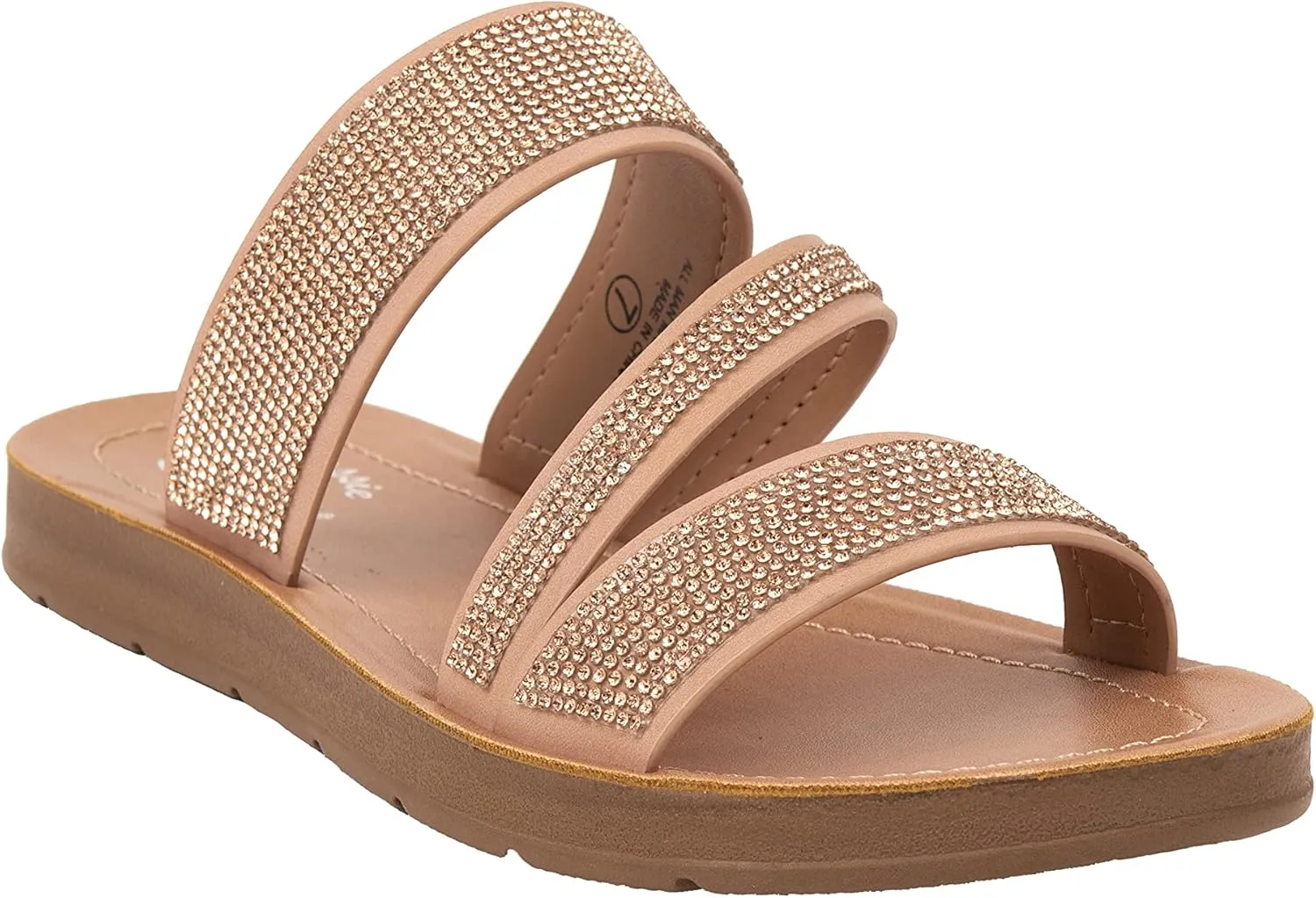 Womens Flat Sandals Casual Strap Sandals Open Toe Slide Sandals With Bling Rhinestone FIONA