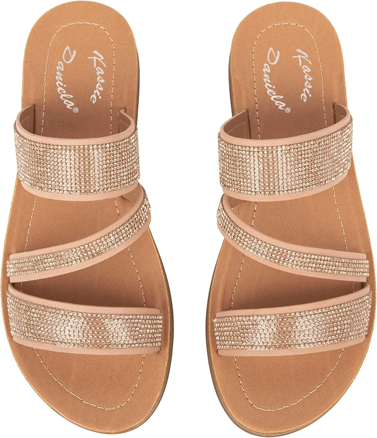 Womens Flat Sandals Casual Strap Sandals Open Toe Slide Sandals With Bling Rhinestone FIONA