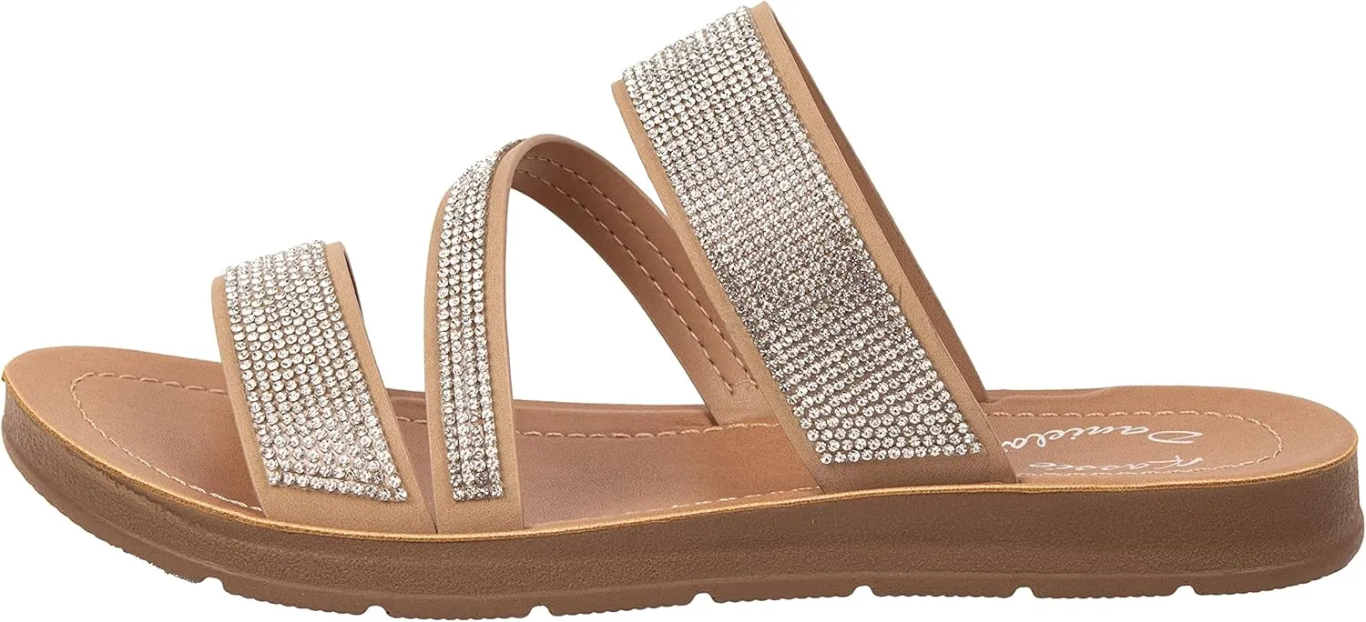 Womens Flat Sandals Casual Strap Sandals Open Toe Slide Sandals With Bling Rhinestone FIONA