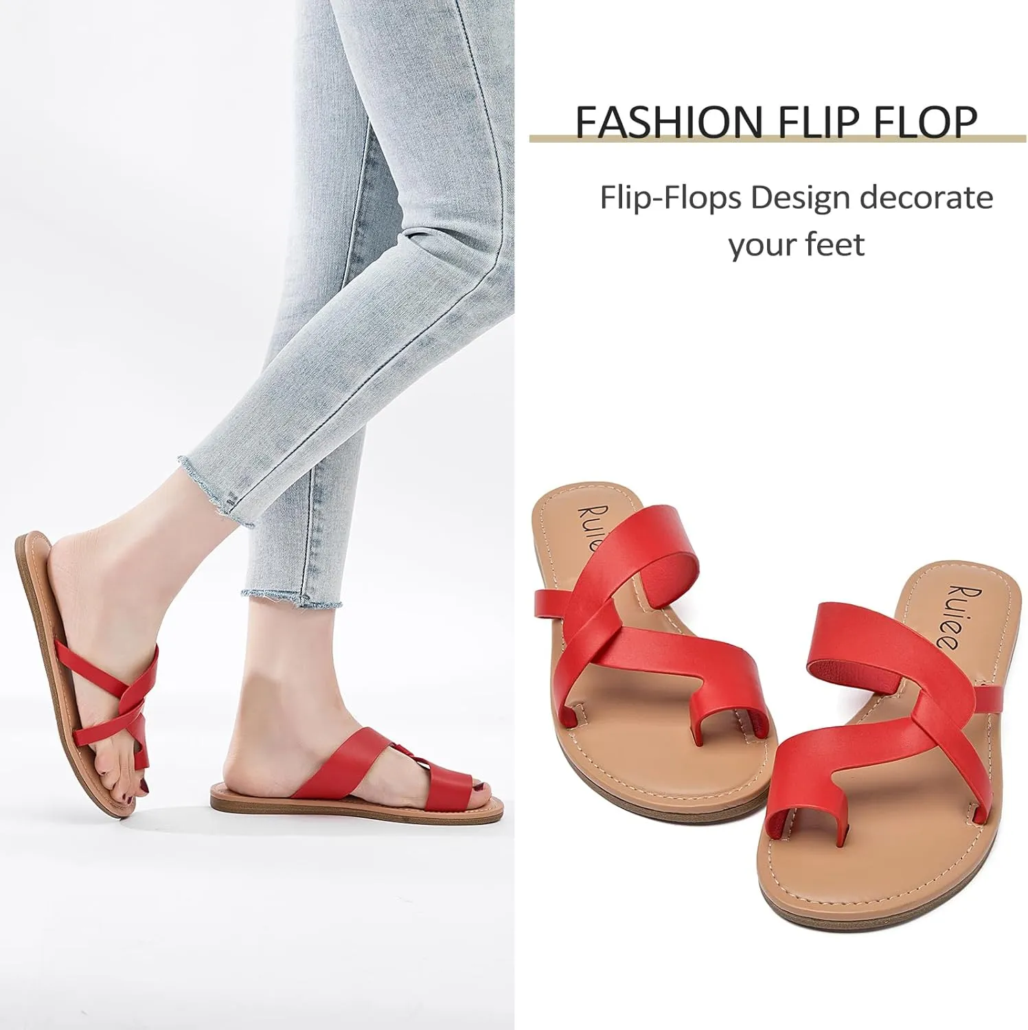 Women's Flat Slides Sandals, Summer Flip Flops Comfort Round Open Toe Slip On Strap Thong Beach Shoes for Women.