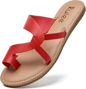 Women's Flat Slides Sandals, Summer Flip Flops Comfort Round Open Toe Slip On Strap Thong Beach Shoes for Women.
